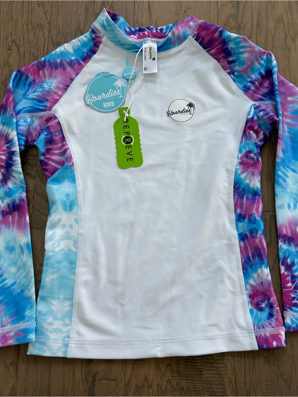 BOARDIES APPAREL Kids White Rash Guard with Blue & Purple Tie-Dye Sleeves NWT
